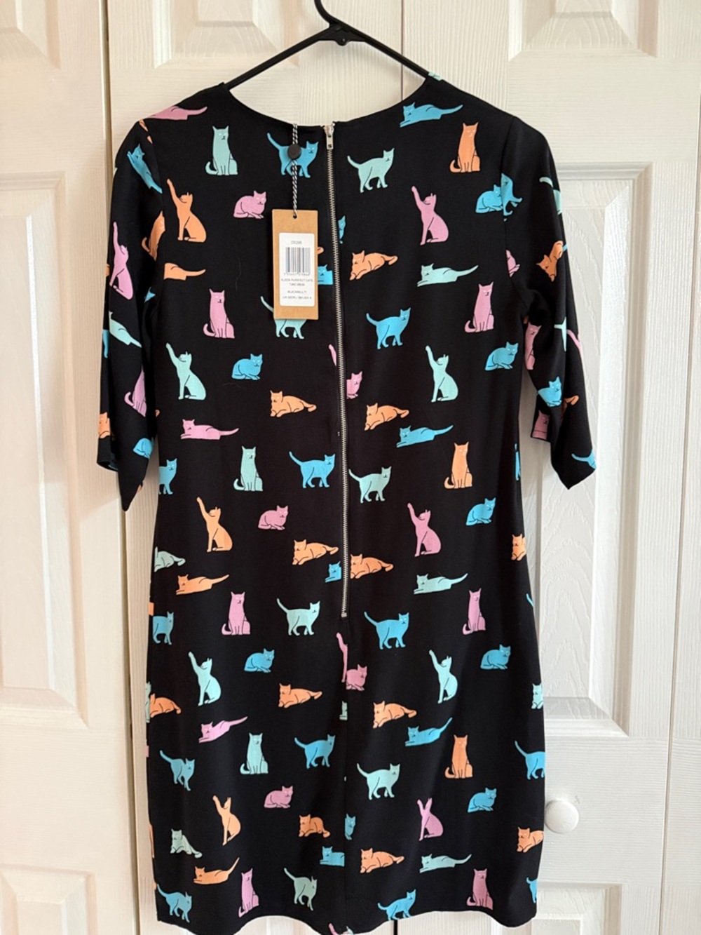 Black Cats Print Shift Dress with Pastel Accents - Picture 3 of 6
